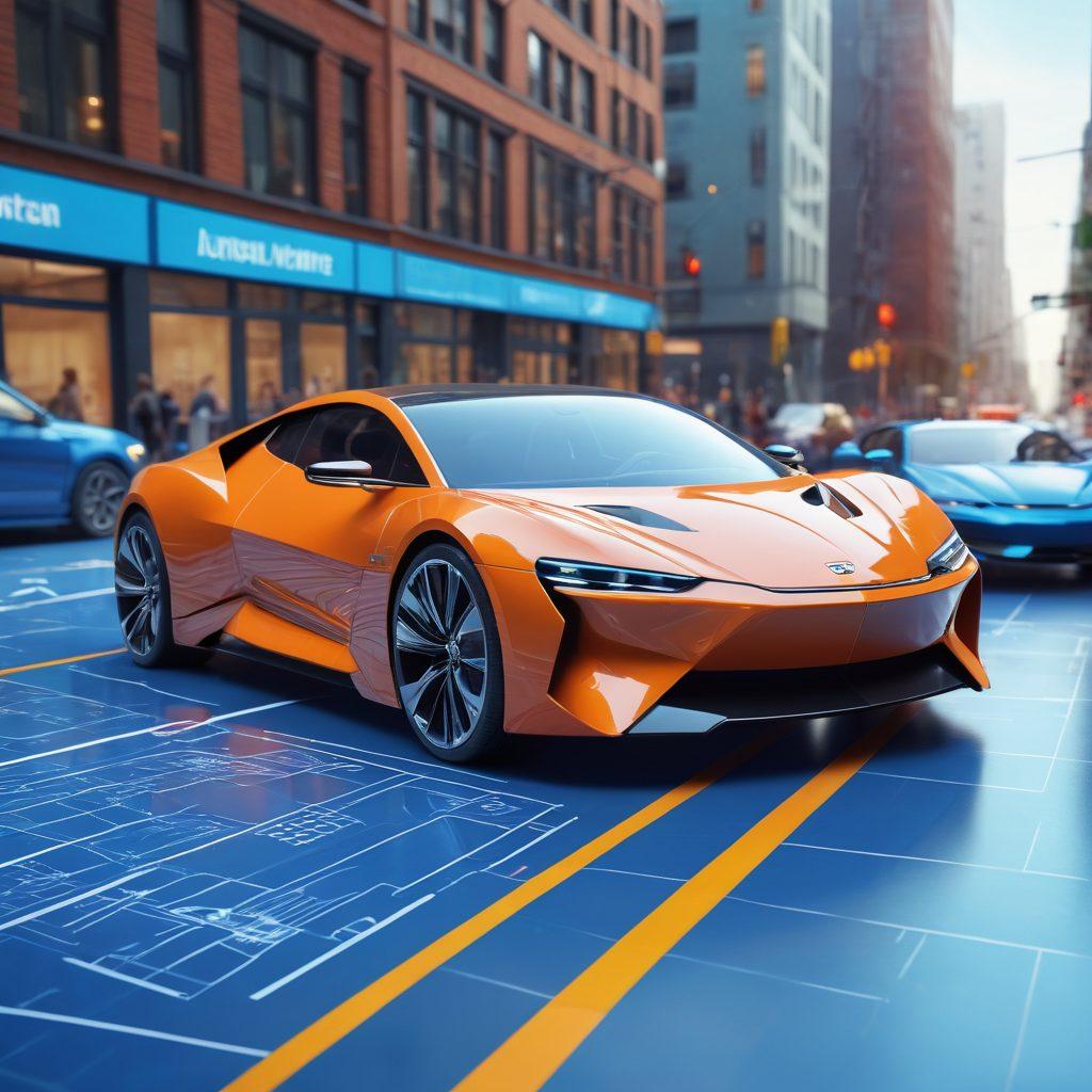 A dynamic scene illustrating the transformation of an automobile from a blueprint to a finished car on a bustling urban street. Include elements of research like graphs and data charts in the background, while a diverse group of innovators discuss over a realistic 3D car model. Add a futuristic touch with digital interfaces showcasing automobile innovations. super-realistic. vibrant colors. urban background.