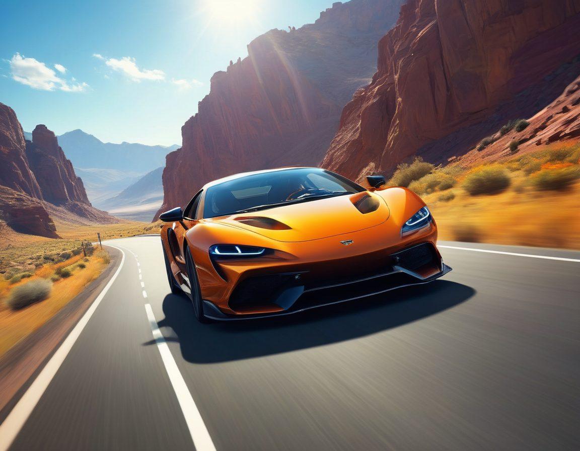 A dynamic scene featuring a spirited driver behind the wheel of a sleek, modern automobile, surrounded by stunning landscapes that evoke a sense of adventure and passion. Include vibrant colors that capture the thrill of driving and the beauty of nature, with a distant horizon symbolizing freedom and exploration. Incorporate various types of cars to reflect diversity in preferences. super-realistic. vibrant colors. cinematic perspective.